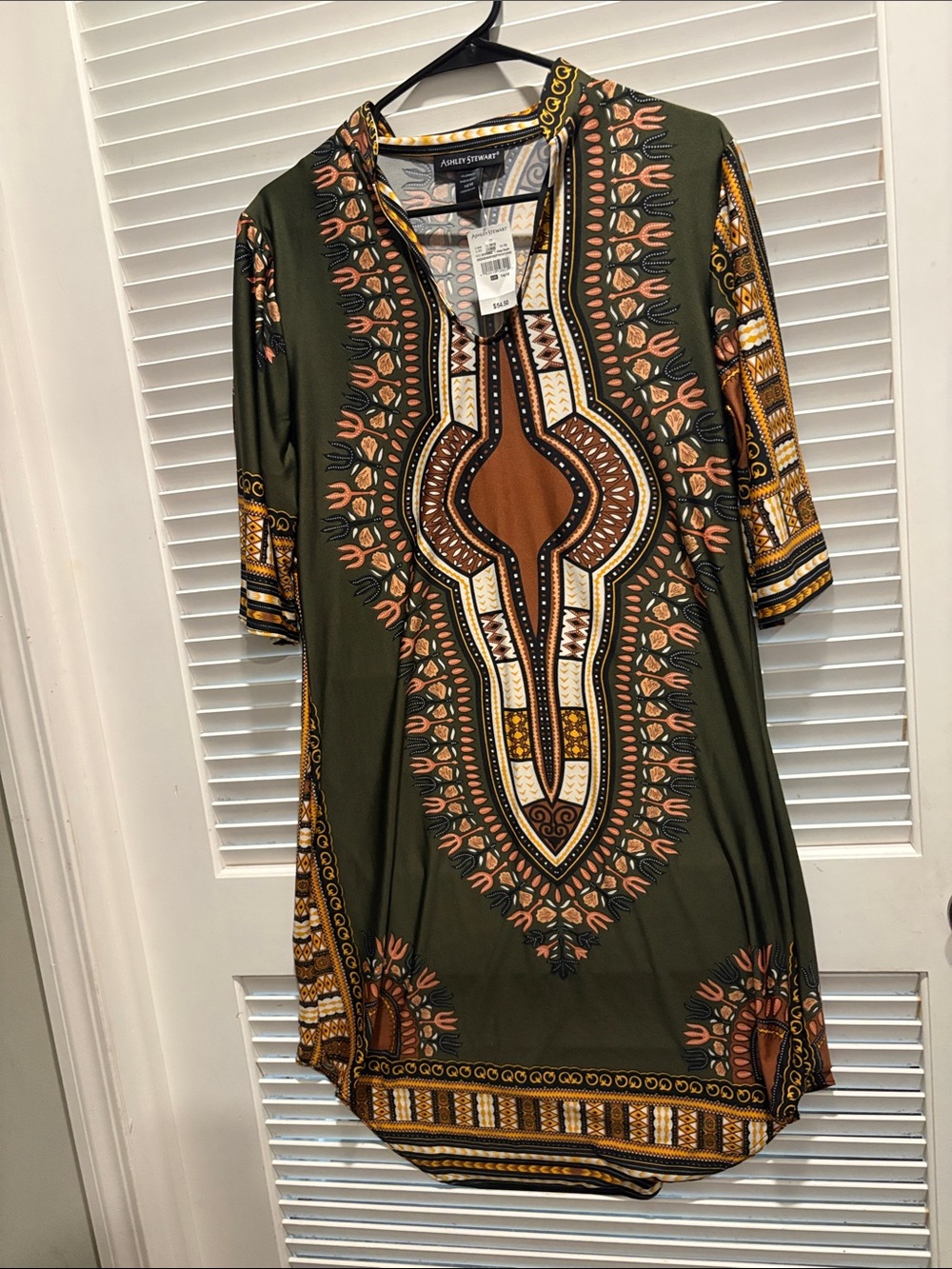 Ashley Stewart Olive Green Dashiki Tunic with Brown & Cream Accents Dress